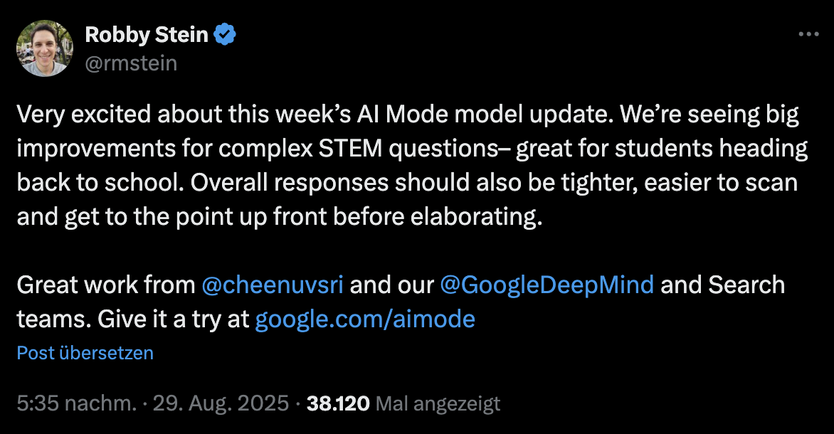 Google AI Mode: Modell hat Update erhalten - Robby Stein auf Twitter