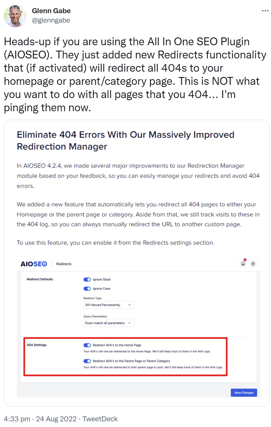Glenn Gabe: SEO-Plugin leitet 404er auf die Startseite weiter