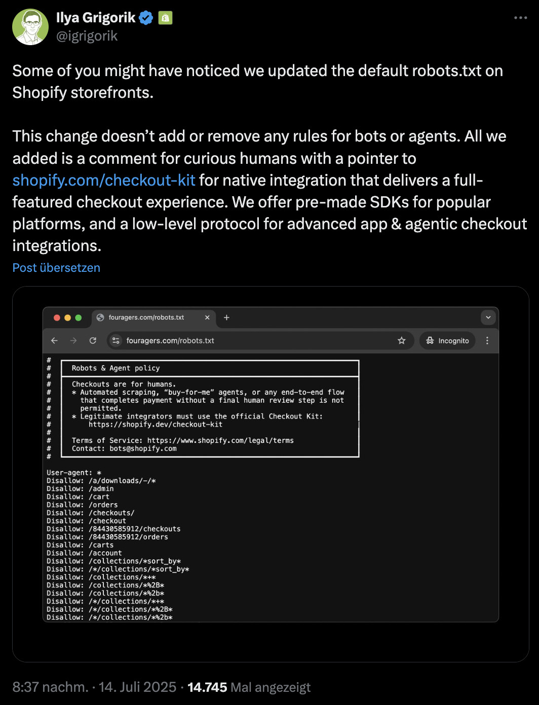 Shopify: Ankündigung für geänderte robots.txt