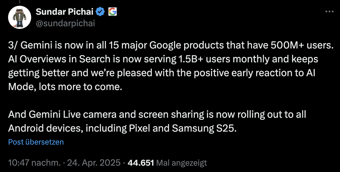 Sundar Pichai: Google AI Overviews haben inzwischen 1,5 Milliarden Nutzer