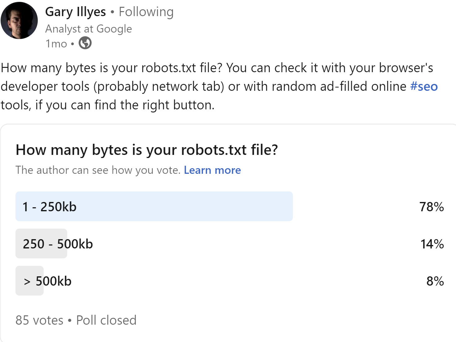 Umfrage: Größe der robots.txt - LinkedIn