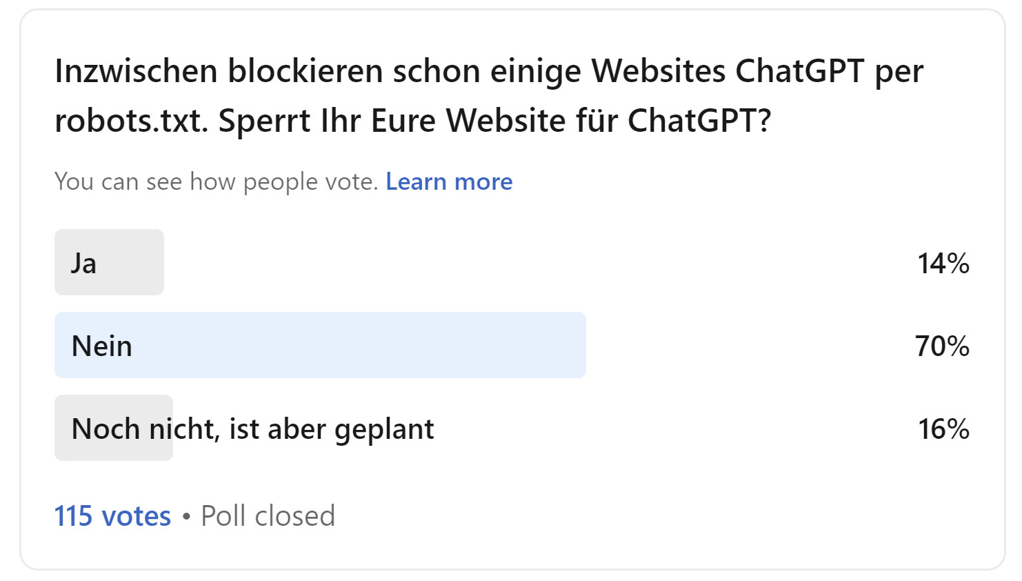 Umfrage auf LinkedIn: Sperrt Ihr Eure Website für ChatGPT?