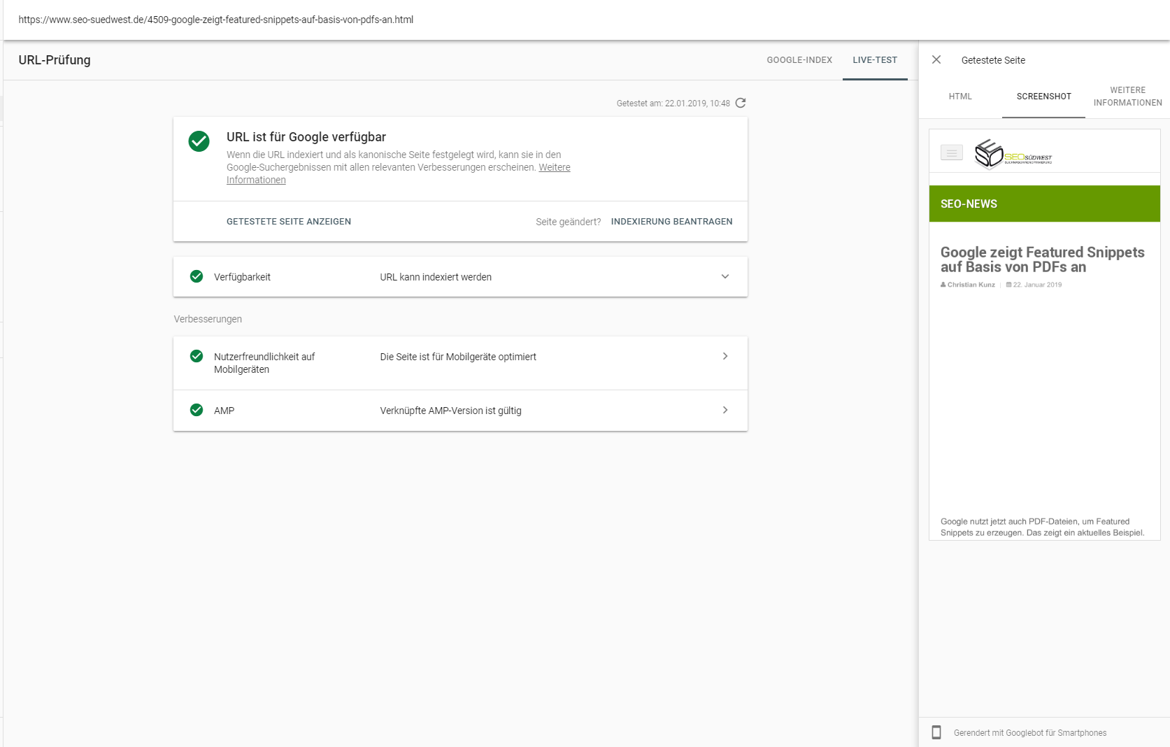 URL Inspection Tool: gerendert mit Googlebot für Smartphones