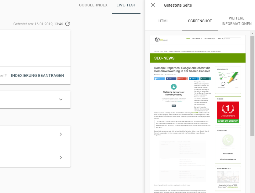 URL Inspection Tool rendert Desktop-Darstellung