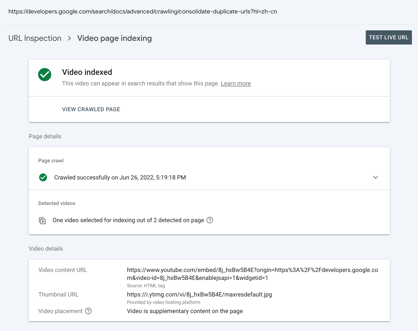 Google Video URL Inspection Tool