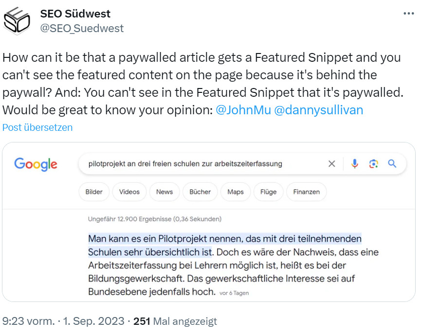 Warum kennzeichnet Google Paywall-Inhalte nicht? SEO Südwest auf Twitter