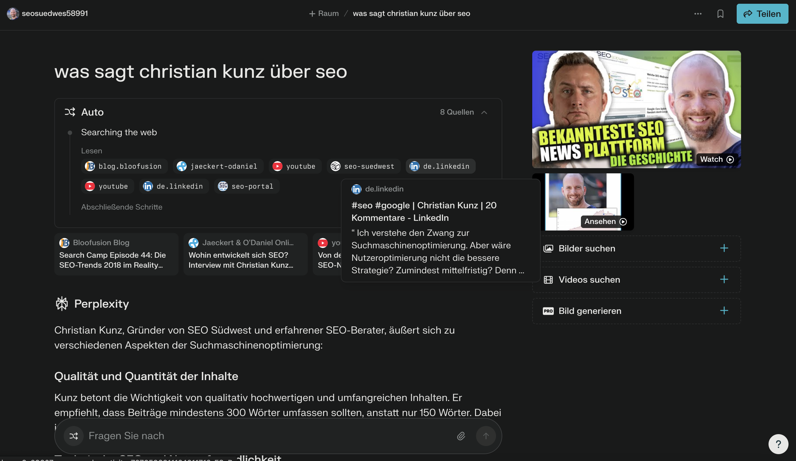 Was sagt Christian Kunz über SEO? Antwort von Perplexity