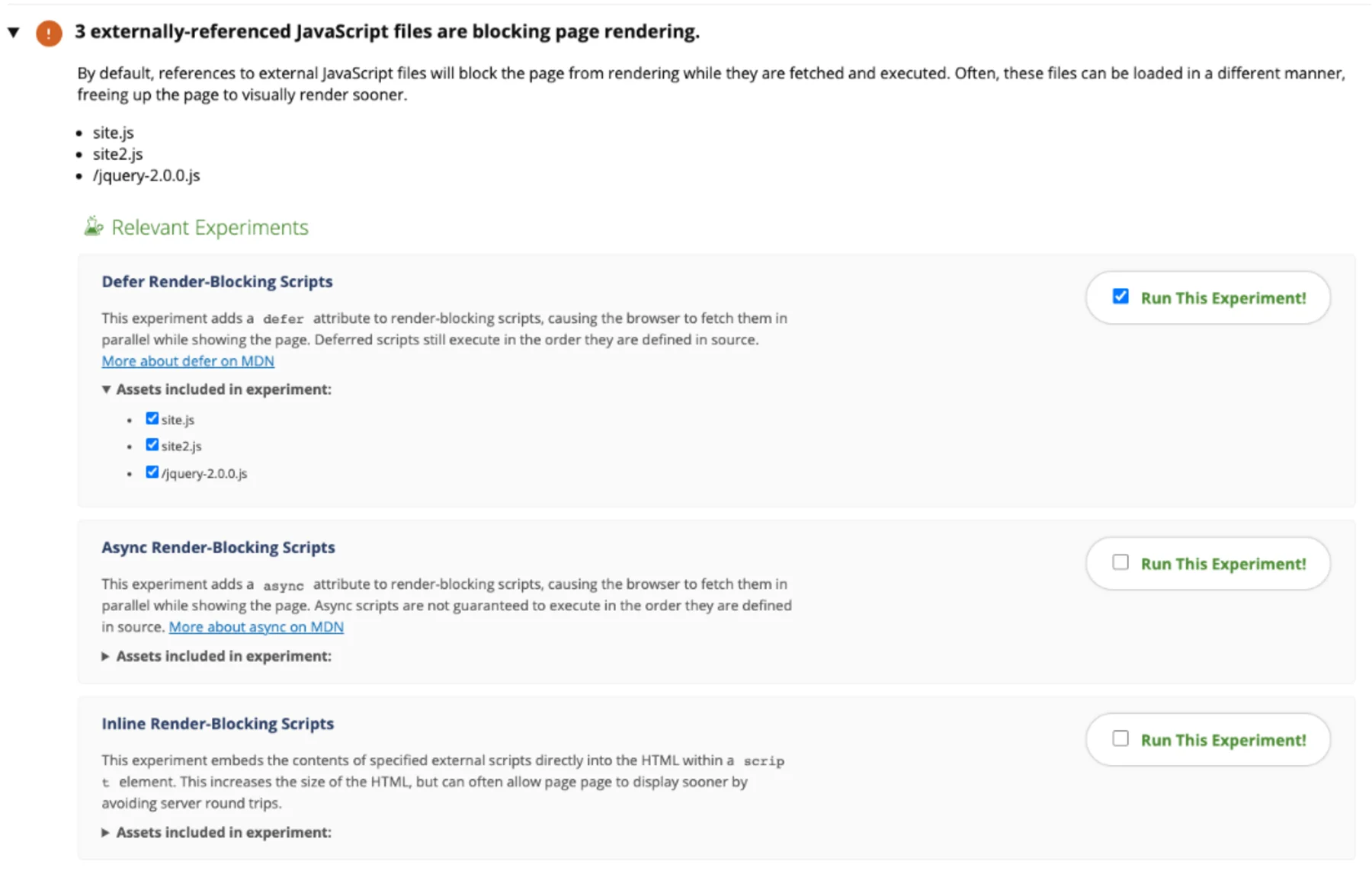 WebPageTest: vorgeschlagene No-Code Experimente
