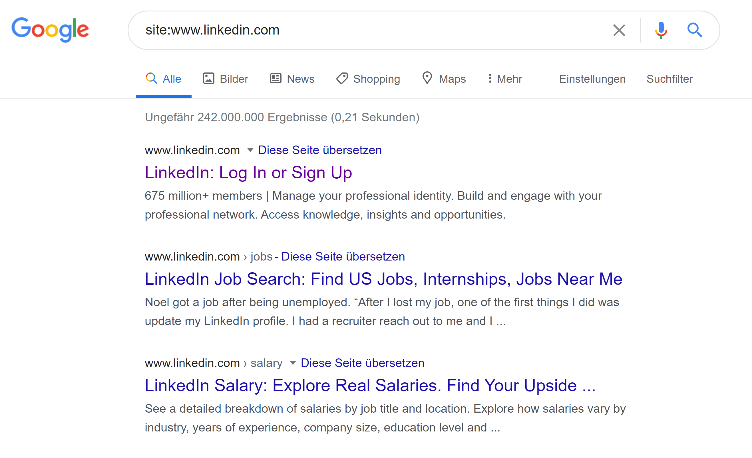 Ergebnisse Site-Abfrage für LinkedIn