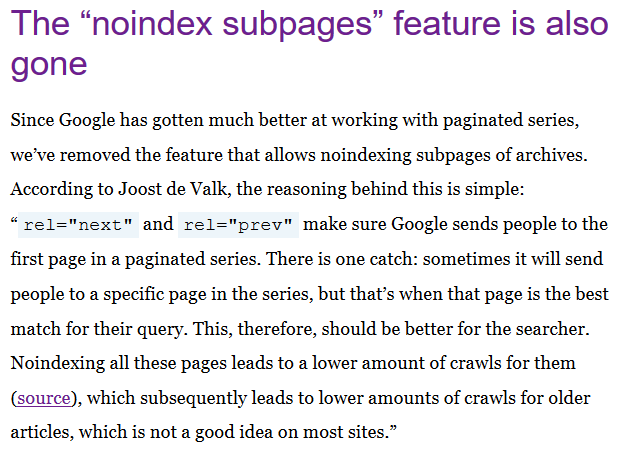 Yoast Entfernt Option zum Setzen von pagnierten Folgeseiten in Archiven auf 'noindex'