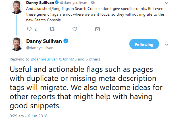 Google: Berichte für doppelte und fehlende Meta Descriptions wird in die neue Search Console übernommen