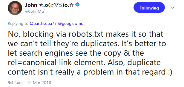 Google: Das Sperren von URLs per robots.txt verhindert das Erkennen von Duplicate Content